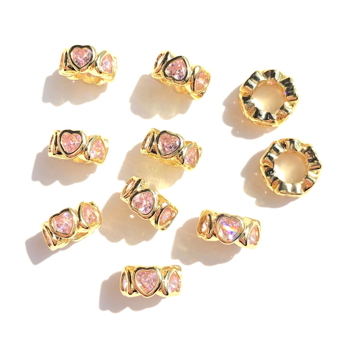 10-20-50pcs/lot Pink Heart CZ Paved Big Hole Rondelle Wheel Spacers Gold CZ Paved Spacers Big Hole Beads New Spacers Arrivals Rondelle Beads Wholesale Charms Beads Beyond