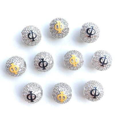 12pcs/lot 10mm Black Yellow Enamel CZ Paved A, Φ Initial Alphabet Letter Ball Spacers Beads Clear on Silver Φ CZ Paved Spacers 10mm Beads Ball Beads Greek Letters New Spacers Arrivals Charms Beads Beyond