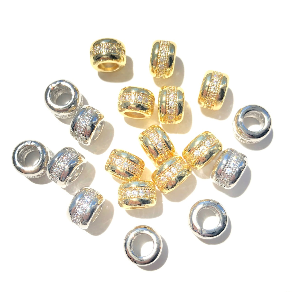20-50pcs/lot 7.6mm CZ Paved Big Hole Rondelle Wheel Spacers Mix Colors CZ Paved Spacers Big Hole Beads New Spacers Arrivals Rondelle Beads Wholesale Charms Beads Beyond