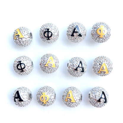 12pcs/lot 10mm Black Yellow Enamel CZ Paved A, Φ Initial Alphabet Letter Ball Spacers Beads Mix Silver Letters 8A+4Φ CZ Paved Spacers 10mm Beads Ball Beads Greek Letters New Spacers Arrivals Charms Beads Beyond