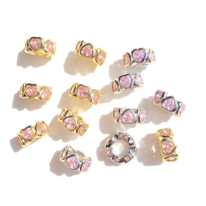 10-20-50pcs/lot Pink Heart CZ Paved Big Hole Rondelle Wheel Spacers Mix Colors CZ Paved Spacers Big Hole Beads New Spacers Arrivals Rondelle Beads Wholesale Charms Beads Beyond