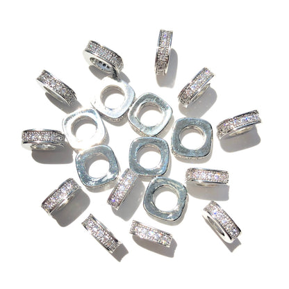 10-20-50pcs/lot 8mm CZ Paved Square Rondelle Wheel Spacers Silver CZ Paved Spacers Big Hole Beads New Spacers Arrivals Rondelle Beads Wholesale Charms Beads Beyond
