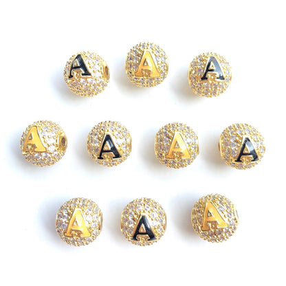 12pcs/lot 10mm Black Yellow Enamel CZ Paved A, Φ Initial Alphabet Letter Ball Spacers Beads Clear on Gold A CZ Paved Spacers 10mm Beads Ball Beads Greek Letters New Spacers Arrivals Charms Beads Beyond
