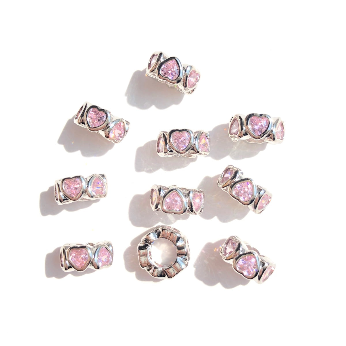 10-20-50pcs/lot Pink Heart CZ Paved Big Hole Rondelle Wheel Spacers Silver CZ Paved Spacers Big Hole Beads New Spacers Arrivals Rondelle Beads Wholesale Charms Beads Beyond