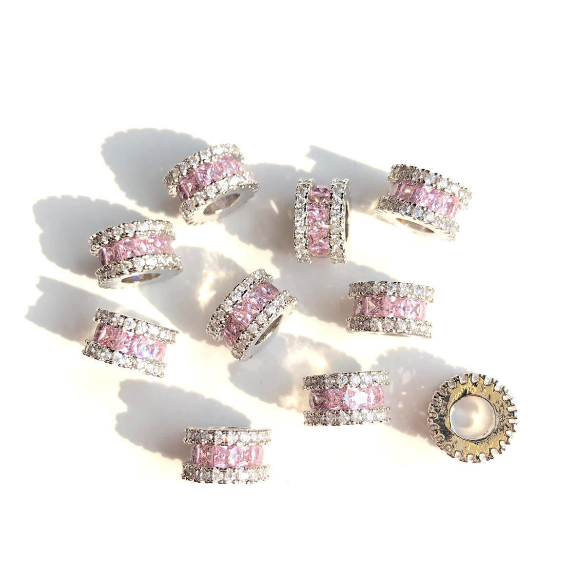 10-20-50pcs/lot 8.6mm Pink Square CZ Paved Big Hole Rondelle Wheel Spacers Silver CZ Paved Spacers Big Hole Beads New Spacers Arrivals Rondelle Beads Wholesale Charms Beads Beyond