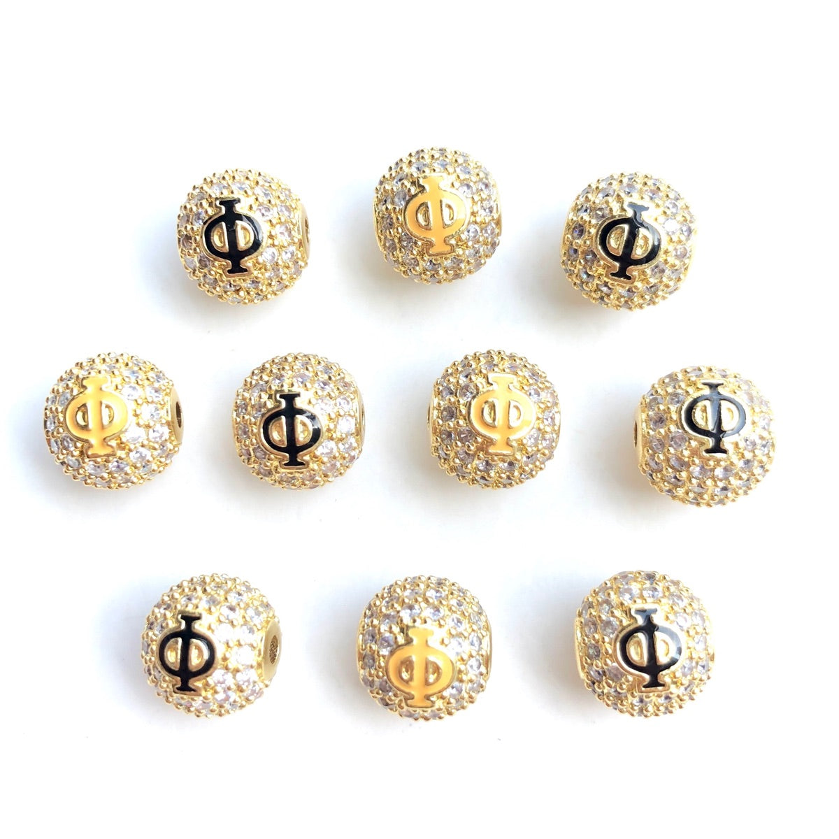 12pcs/lot 10mm Black Yellow Enamel CZ Paved A, Φ Initial Alphabet Letter Ball Spacers Beads Clear on Gold Φ CZ Paved Spacers 10mm Beads Ball Beads Greek Letters New Spacers Arrivals Charms Beads Beyond