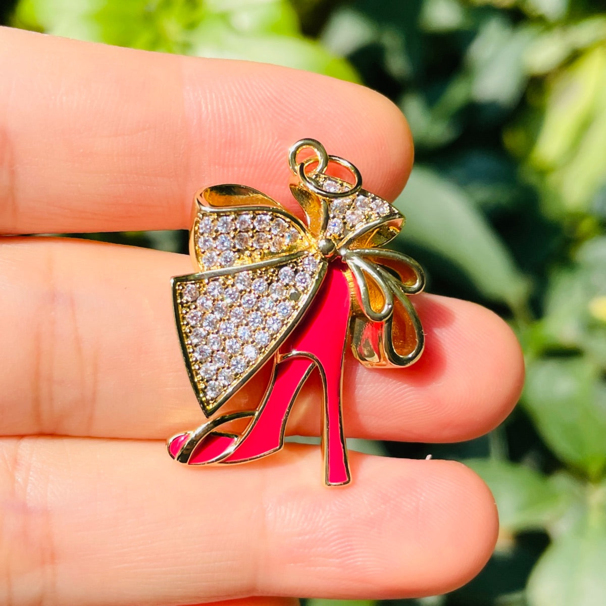 10pcs/lot CZ Paved Bow Tie Black Red Fuchsia High Heel Shoe Charms Fuchsia-Gold CZ Paved Charms High Heels New Charms Arrivals Charms Beads Beyond