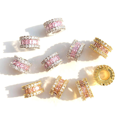 10-20-50pcs/lot 8.6mm Pink Square CZ Paved Big Hole Rondelle Wheel Spacers Mix Colors CZ Paved Spacers Big Hole Beads New Spacers Arrivals Rondelle Beads Wholesale Charms Beads Beyond