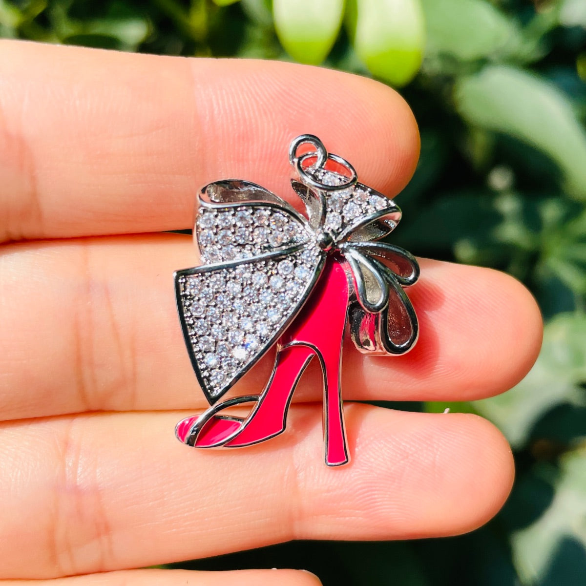 10pcs/lot CZ Paved Bow Tie Black Red Fuchsia High Heel Shoe Charms Fuchsia-Silver CZ Paved Charms High Heels New Charms Arrivals Charms Beads Beyond