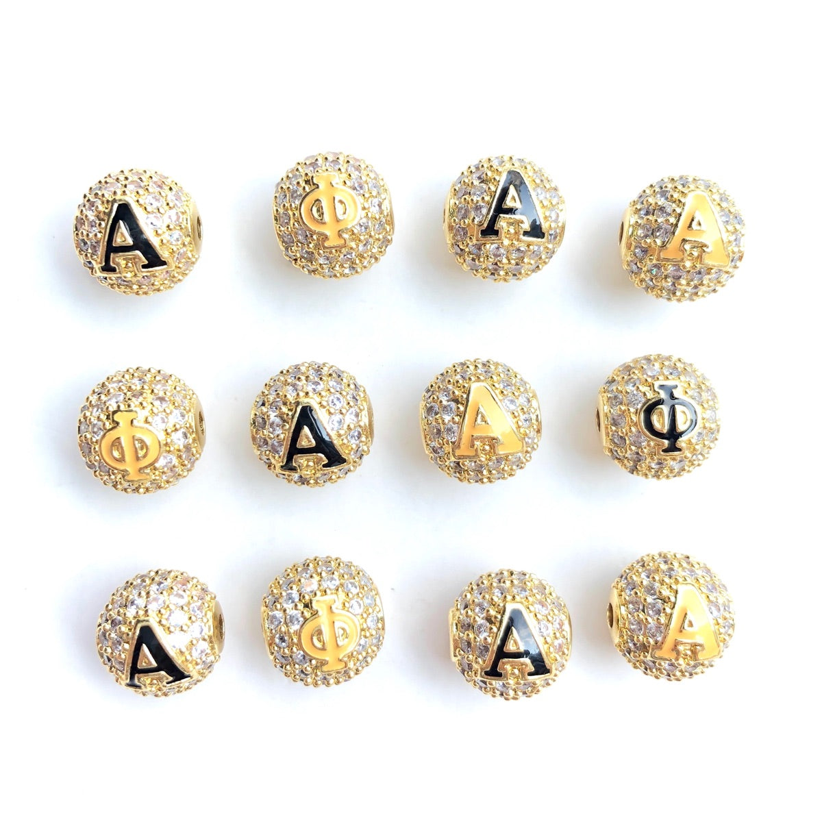 12pcs/lot 10mm Black Yellow Enamel CZ Paved A, Φ Initial Alphabet Letter Ball Spacers Beads Mix Gold Letters 8A+4Φ CZ Paved Spacers 10mm Beads Ball Beads Greek Letters New Spacers Arrivals Charms Beads Beyond