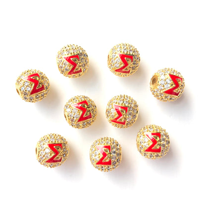 12pcs/lot 10mm Red Enamel CZ Paved Greek Letter "Δ", "Σ", "Θ" Ball Spacers Beads 12 Gold Σ CZ Paved Spacers 10mm Beads Ball Beads Greek Letters New Spacers Arrivals Charms Beads Beyond
