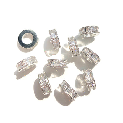 20-50pcs/lot 10*3.5mm CZ Paved Big Hole Rondelle Wheel Spacers Silver CZ Paved Spacers New Spacers Arrivals Rondelle Beads Wholesale Charms Beads Beyond