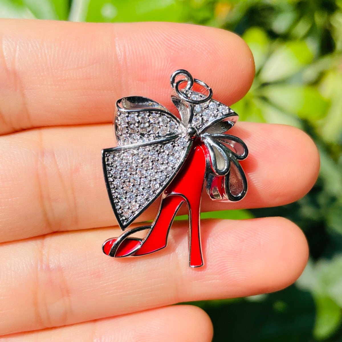 10pcs/lot CZ Paved Bow Tie Black Red Fuchsia High Heel Shoe Charms Red-Silver CZ Paved Charms High Heels New Charms Arrivals Charms Beads Beyond