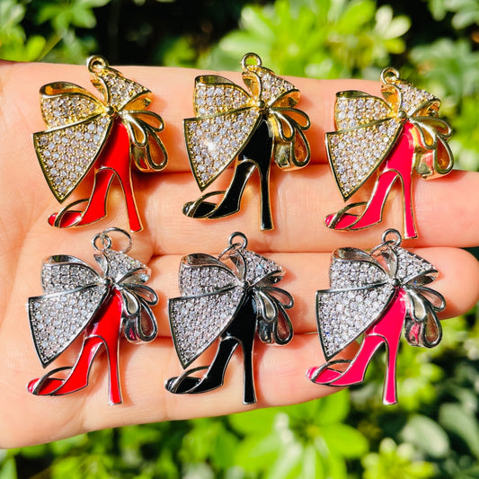 10pcs/lot CZ Paved Bow Tie Black Red Fuchsia High Heel Shoe Charms Mix All Colors CZ Paved Charms High Heels New Charms Arrivals Charms Beads Beyond