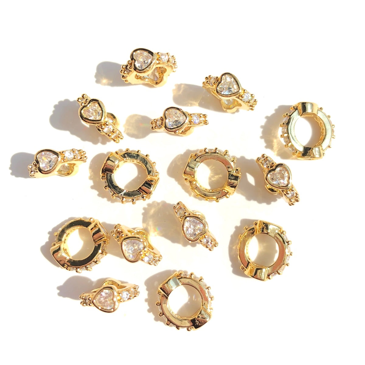 20-50pcs/lot 9mm CZ Pave Heart Ring Rondelle Wheel Spacers Gold CZ Paved Spacers Big Hole Beads New Spacers Arrivals Rondelle Beads Wholesale Charms Beads Beyond