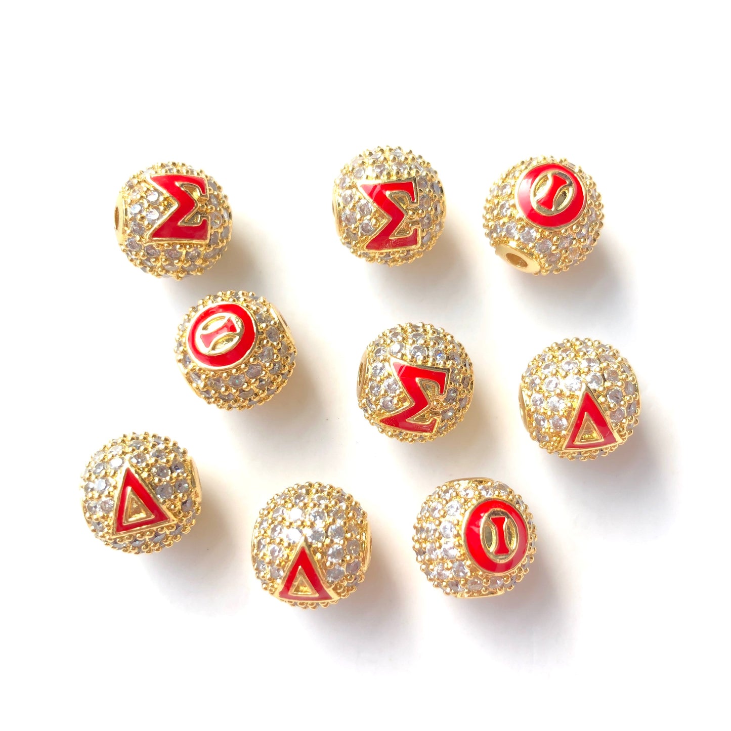 12pcs/lot 10mm Red Enamel CZ Paved Greek Letter "Δ", "Σ", "Θ" Ball Spacers Beads Mix Gold Letters 4 Letters Each CZ Paved Spacers 10mm Beads Ball Beads Greek Letters New Spacers Arrivals Charms Beads Beyond