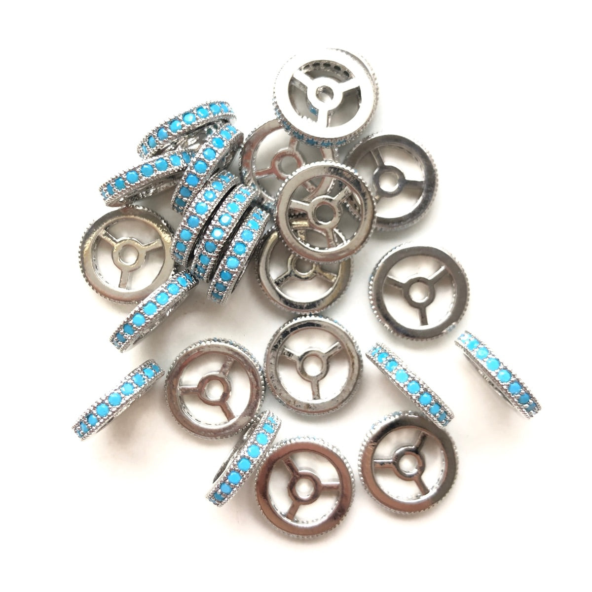 20pcs/lot 9.6/12mm Turquoise CZ Paved Wheel Rondelle Spacers Silver CZ Paved Spacers New Spacers Arrivals Rondelle Beads Charms Beads Beyond