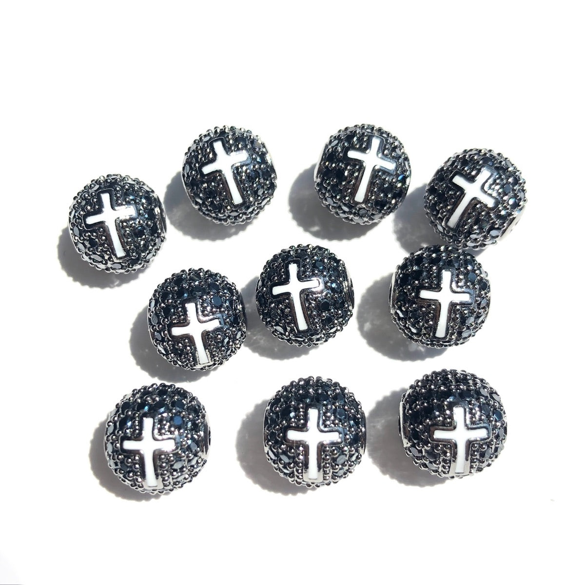 10-20pcs/lot 10mm CZ Paved Cross Ball Spacers Beads Black on Black CZ Paved Spacers 10mm Beads Ball Beads New Spacers Arrivals Charms Beads Beyond