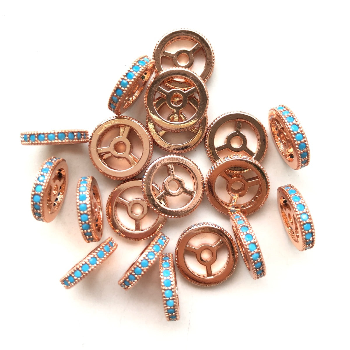 20pcs/lot 9.6/12mm Turquoise CZ Paved Wheel Rondelle Spacers Rose Gold CZ Paved Spacers New Spacers Arrivals Rondelle Beads Charms Beads Beyond