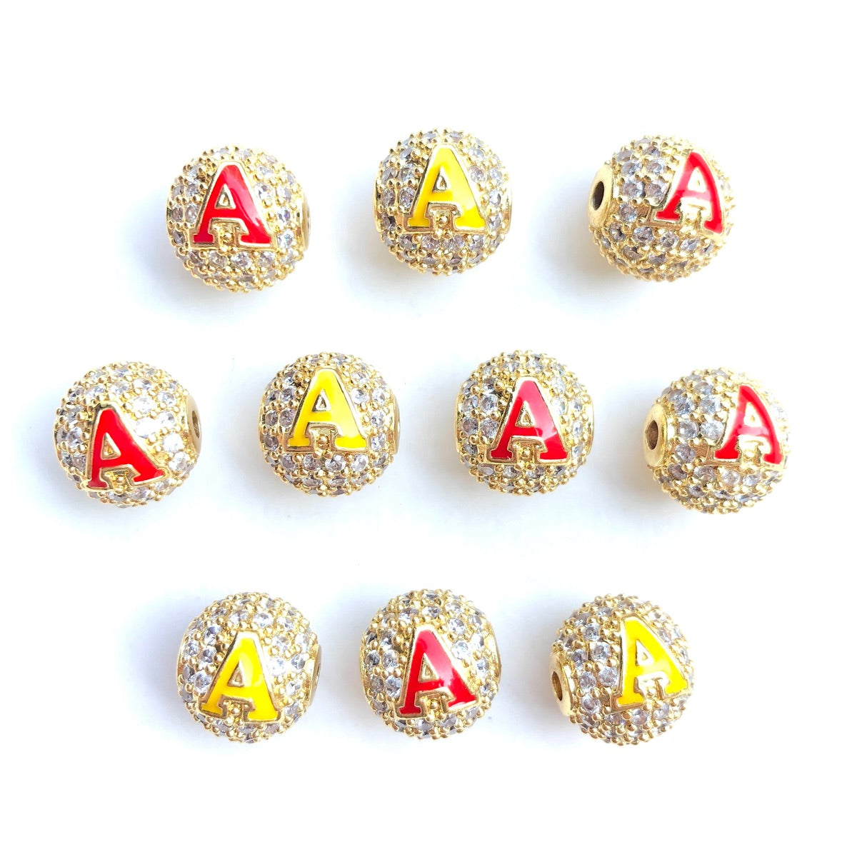12pcs/lot 10mm Red Yellow Enamel CZ Paved Greek Letter "K", "A", "Ψ" Ball Spacers Beads 12 Gold A CZ Paved Spacers 10mm Beads Ball Beads Greek Letters New Spacers Arrivals Charms Beads Beyond