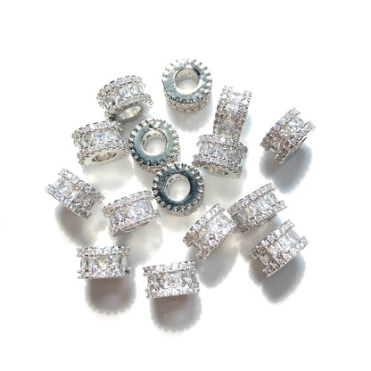 10-20-50pcs/lot 8.6mm Square CZ Paved Big Hole Rondelle Wheel Spacers Silver CZ Paved Spacers Big Hole Beads New Spacers Arrivals Rondelle Beads Wholesale Charms Beads Beyond