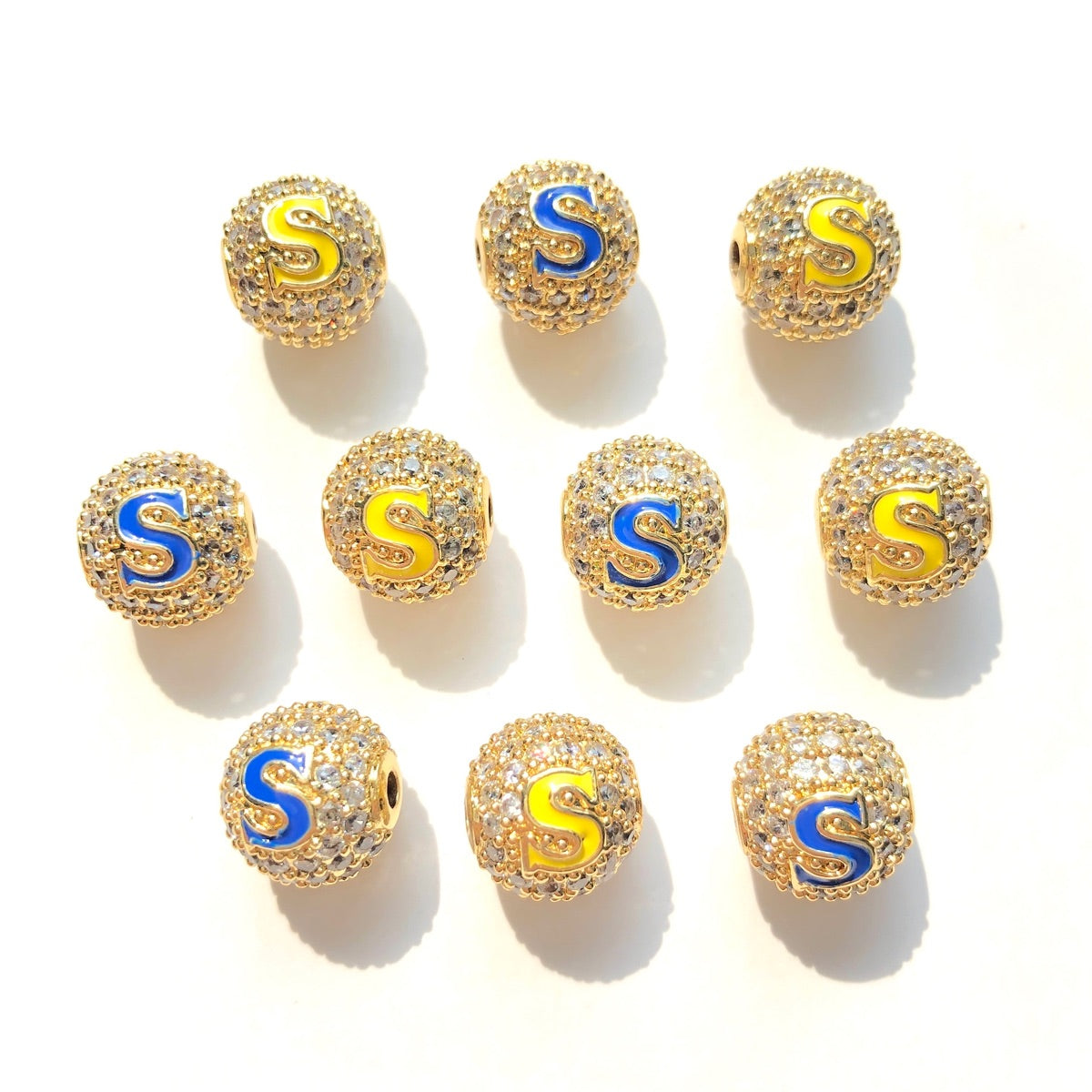 12pcs/lot 10mm Colorful Enamel CZ Paved Letter "O", "E", "S" Ball Spacers Beads 12 Gold S CZ Paved Spacers 10mm Beads Ball Beads New Spacers Arrivals Charms Beads Beyond