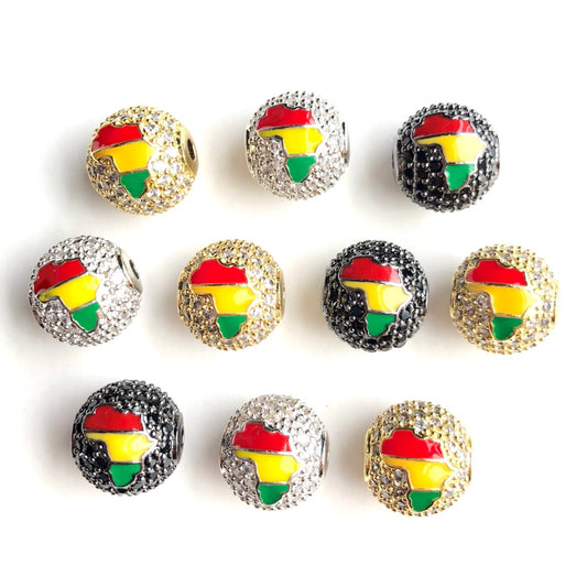 10pcs/lot 12mm CZ Paved Red Yellow Green Enamel Africa Map Ball Spacers Beads for Black History Mix Color CZ Paved Spacers Ball Beads Juneteenth & Black History Month Awareness New Spacers Arrivals Charms Beads Beyond