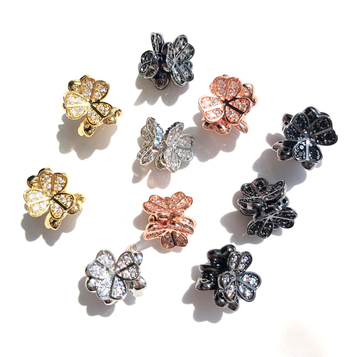 10-20-50pcs/lot 9mm CZ Paved Clover Flower Spacers Mix Colors CZ Paved Spacers New Spacers Arrivals Wholesale Charms Beads Beyond