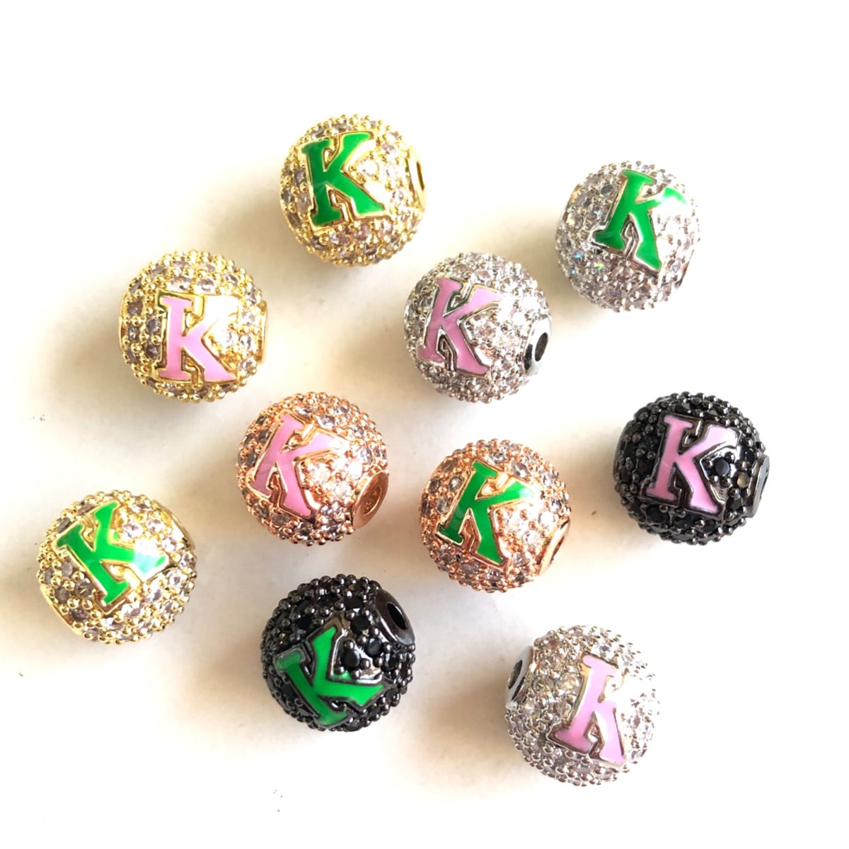 10mm Pink Green Enamel CZ Paved A, K Initial Alphabet Letter Ball Spacers Beads | Spacers | Charms Beads Beyond Black on Black K