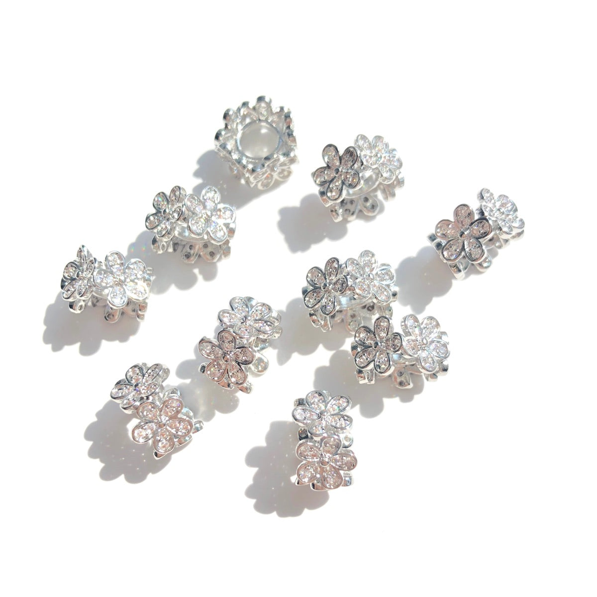 10-20-50pcs/lot 10.6*6.8mm CZ Paved Flower Spacers Clear on Silver CZ Paved Spacers New Spacers Arrivals Wholesale Charms Beads Beyond