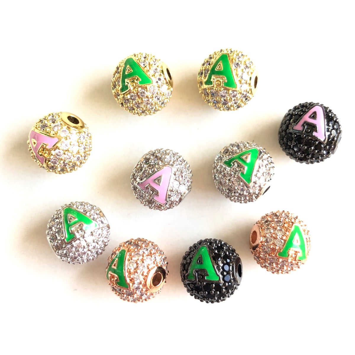 12pcs/lot 10mm Pink Green Enamel CZ Paved A, K Initial Alphabet Letter Ball Spacers Beads CZ Paved Spacers 10mm Beads Ball Beads Greek Letters New Spacers Arrivals Charms Beads Beyond