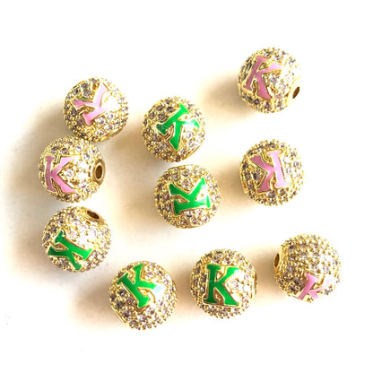 12pcs/lot 10mm Pink Green Enamel CZ Paved A, K Initial Alphabet Letter Ball Spacers Beads Clear on Gold K CZ Paved Spacers 10mm Beads Ball Beads Greek Letters New Spacers Arrivals Charms Beads Beyond