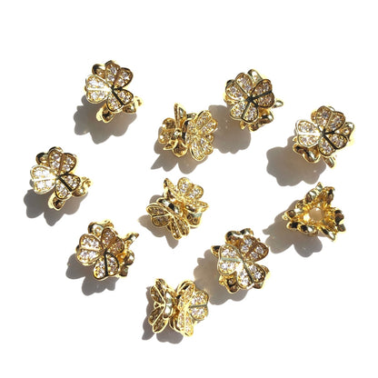 10-20-50pcs/lot 9mm CZ Paved Clover Flower Spacers Clear on Gold CZ Paved Spacers New Spacers Arrivals Wholesale Charms Beads Beyond