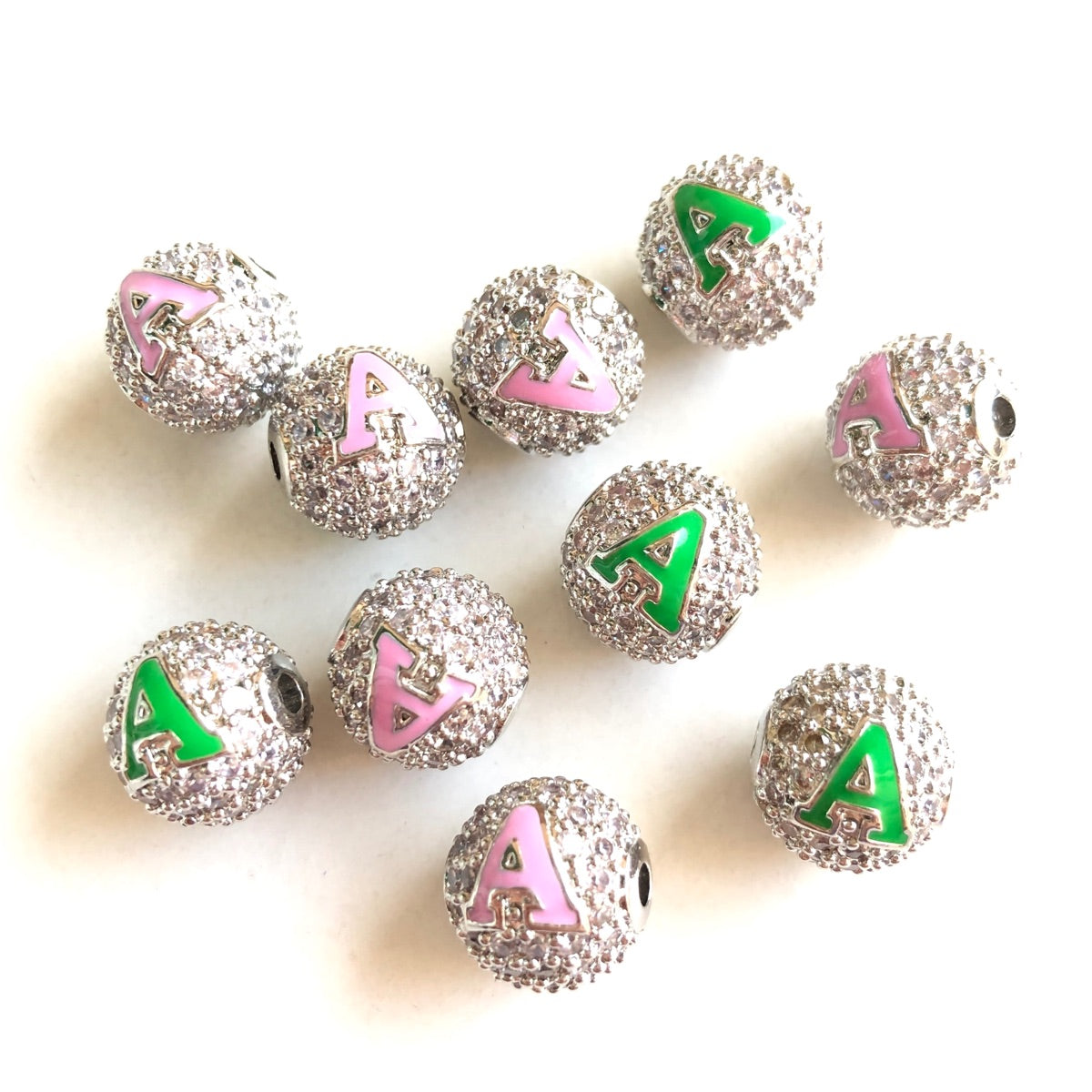 12pcs/lot 10mm Pink Green Enamel CZ Paved A, K Initial Alphabet Letter Ball Spacers Beads Clear on Silver A CZ Paved Spacers 10mm Beads Ball Beads Greek Letters New Spacers Arrivals Charms Beads Beyond