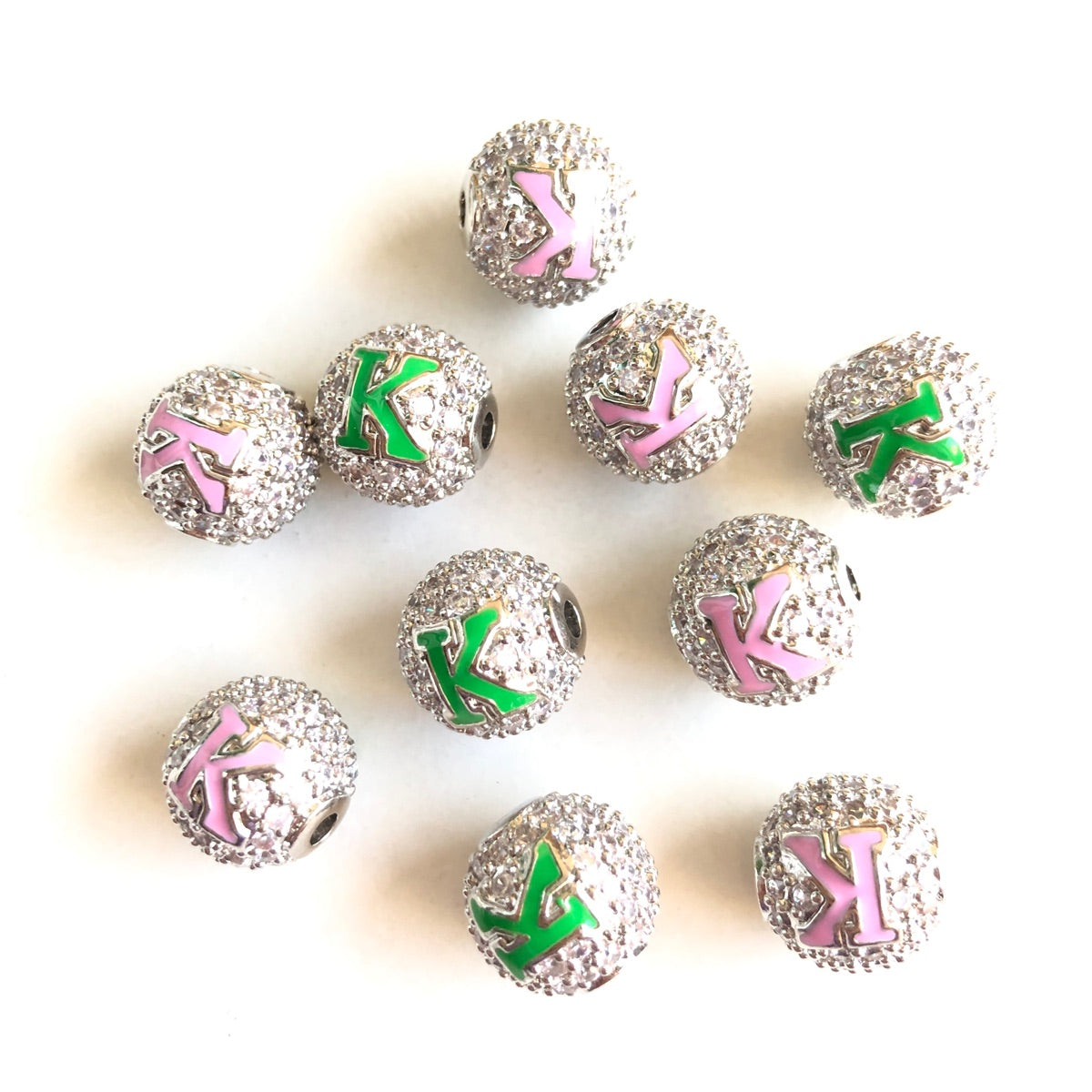 12pcs/lot 10mm Pink Green Enamel CZ Paved A, K Initial Alphabet Letter Ball Spacers Beads Clear on Silver K CZ Paved Spacers 10mm Beads Ball Beads Greek Letters New Spacers Arrivals Charms Beads Beyond