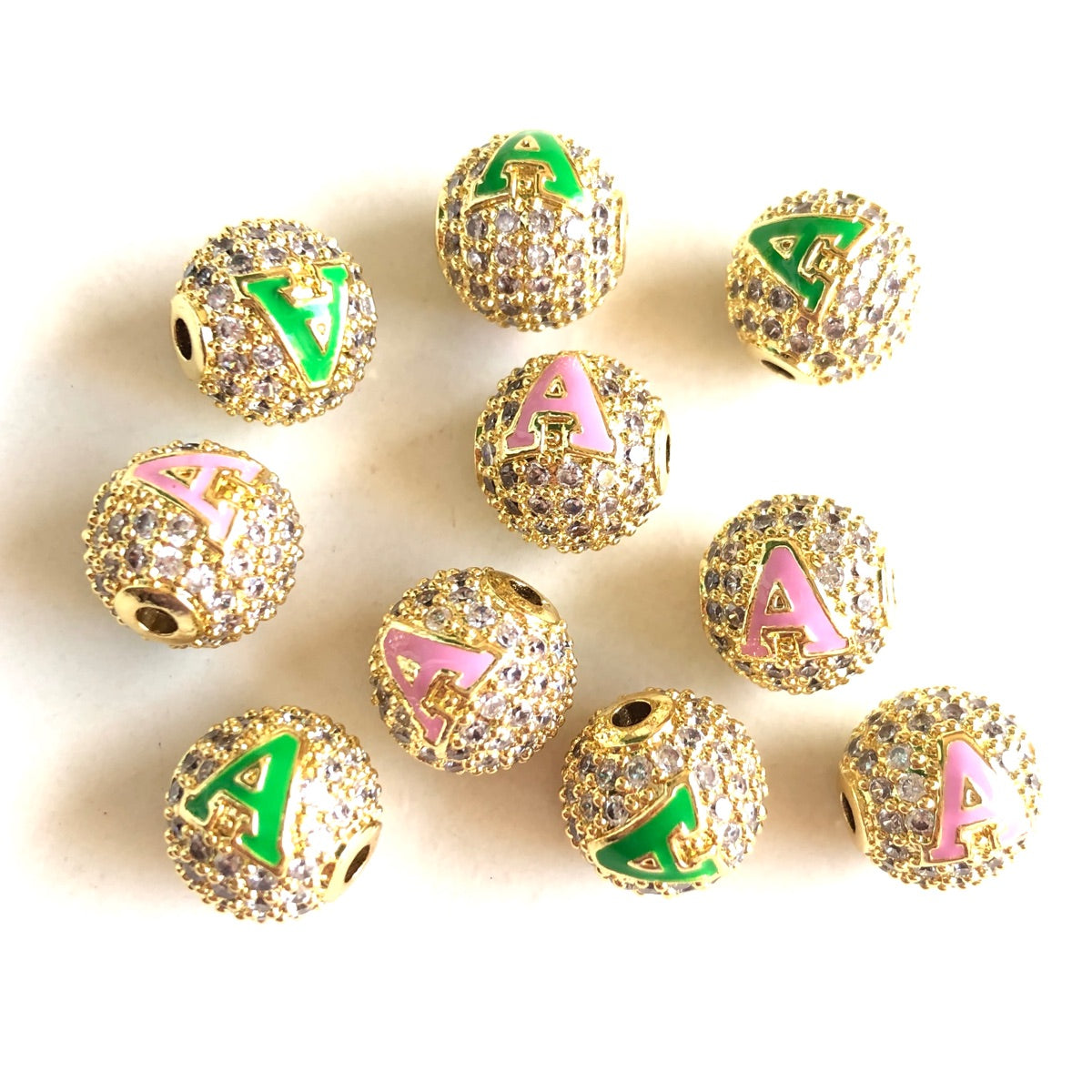 12pcs/lot 10mm Pink Green Enamel CZ Paved A, K Initial Alphabet Letter Ball Spacers Beads Clear on Gold A CZ Paved Spacers 10mm Beads Ball Beads Greek Letters New Spacers Arrivals Charms Beads Beyond