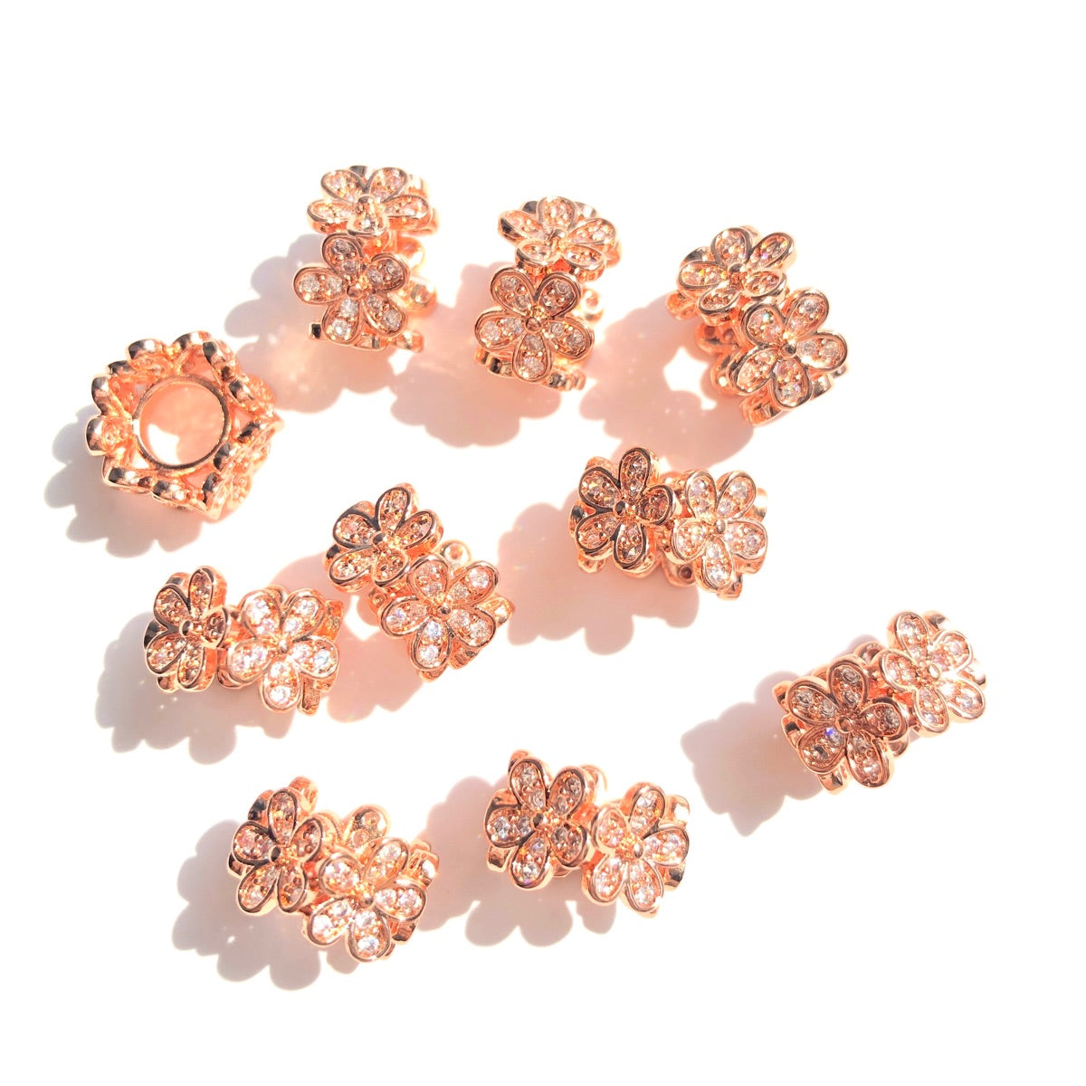 10-20-50pcs/lot 10.6*6.8mm CZ Paved Flower Spacers Clear on Rose Gold CZ Paved Spacers New Spacers Arrivals Wholesale Charms Beads Beyond
