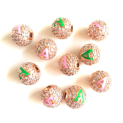 12pcs/lot 10mm Pink Green Enamel CZ Paved A, K Initial Alphabet Letter Ball Spacers Beads Clear on Rose Gold A CZ Paved Spacers 10mm Beads Ball Beads Greek Letters New Spacers Arrivals Charms Beads Beyond