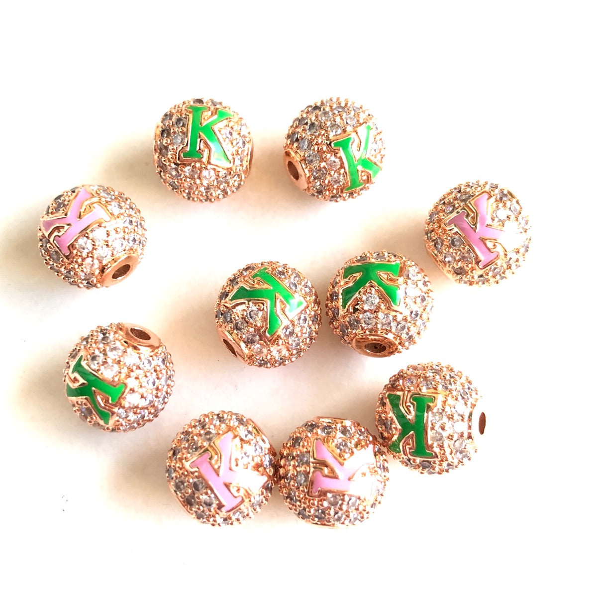 12pcs/lot 10mm Pink Green Enamel CZ Paved A, K Initial Alphabet Letter Ball Spacers Beads Clear on Rose Gold K CZ Paved Spacers 10mm Beads Ball Beads Greek Letters New Spacers Arrivals Charms Beads Beyond