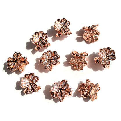10-20-50pcs/lot 9mm CZ Paved Clover Flower Spacers Clear on Rose Gold CZ Paved Spacers New Spacers Arrivals Wholesale Charms Beads Beyond