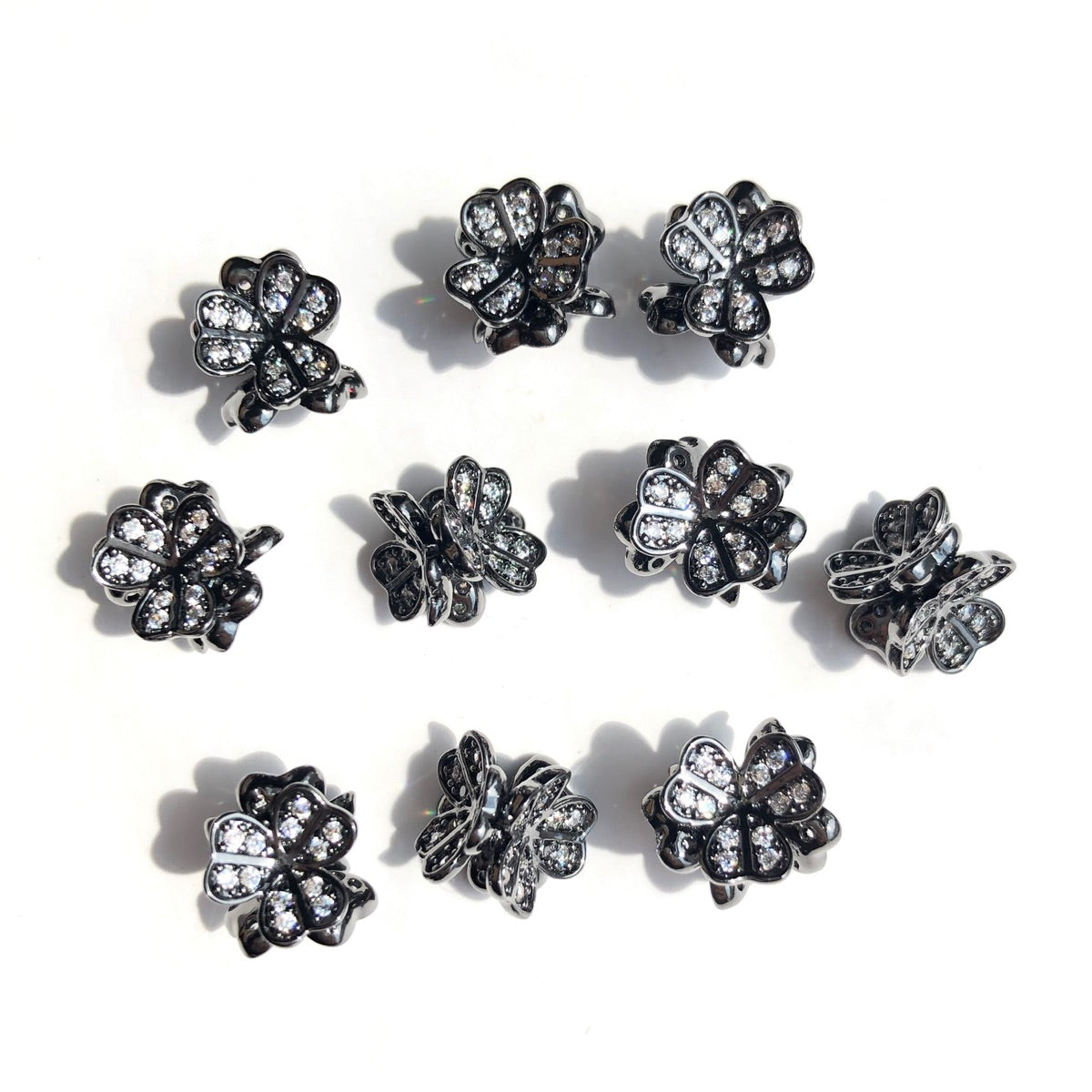 10-20-50pcs/lot 9mm CZ Paved Clover Flower Spacers Clear on Black CZ Paved Spacers New Spacers Arrivals Wholesale Charms Beads Beyond