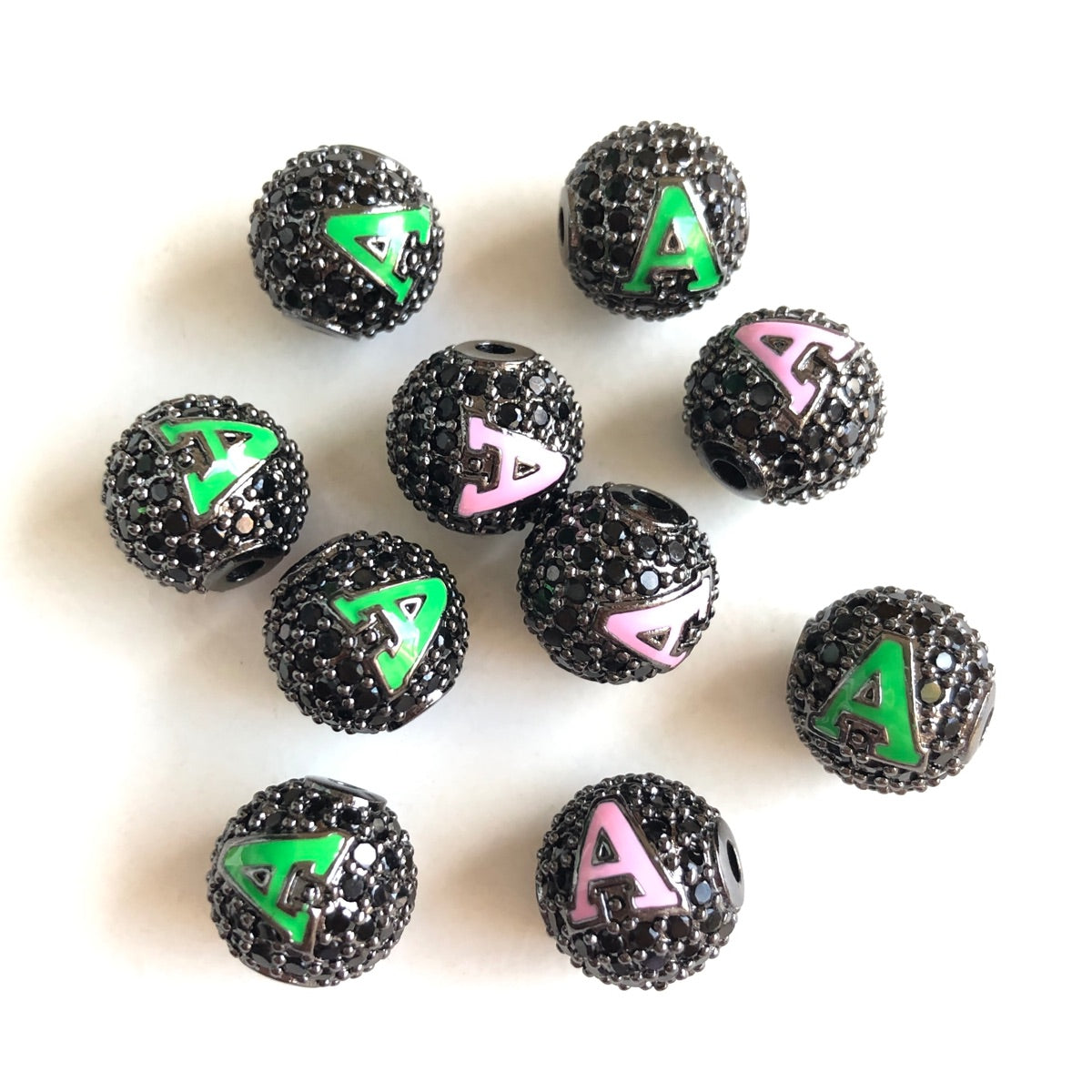 12pcs/lot 10mm Pink Green Enamel CZ Paved A, K Initial Alphabet Letter Ball Spacers Beads Black on Black A CZ Paved Spacers 10mm Beads Ball Beads Greek Letters New Spacers Arrivals Charms Beads Beyond