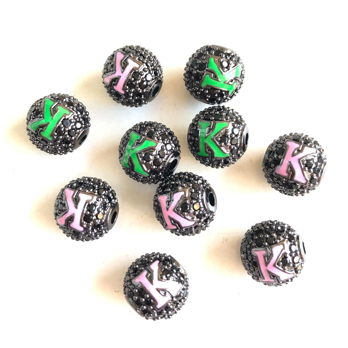 10mm Pink Green Enamel CZ Paved A, K Initial Alphabet Letter Ball Spacers Beads | Spacers | Charms Beads Beyond Black on Black K