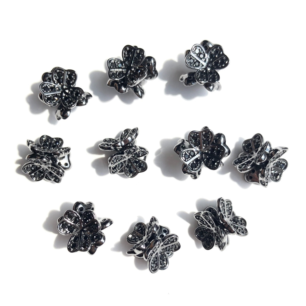 10-20-50pcs/lot 9mm CZ Paved Clover Flower Spacers Black on Black CZ Paved Spacers New Spacers Arrivals Wholesale Charms Beads Beyond