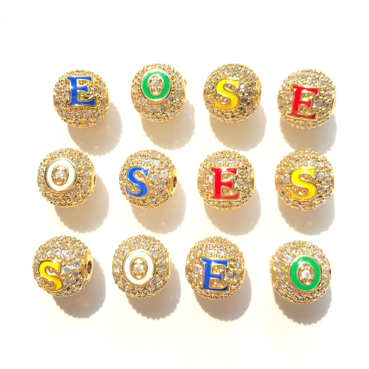 12pcs/lot 10mm Colorful Enamel CZ Paved Letter "O", "E", "S" Ball Spacers Beads Mix Gold Letters 4 Letters Each CZ Paved Spacers 10mm Beads Ball Beads New Spacers Arrivals Charms Beads Beyond