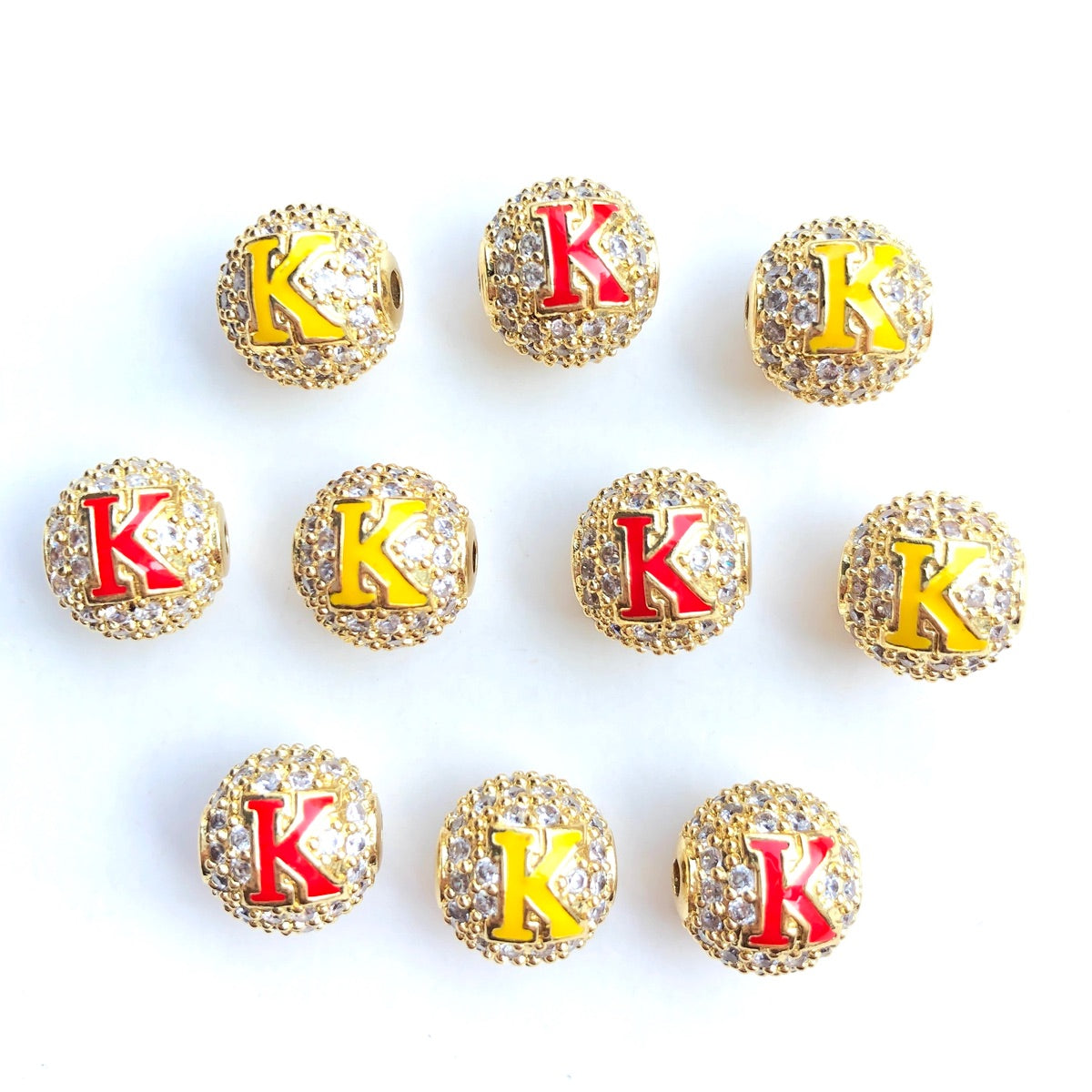 12pcs/lot 10mm Red Yellow Enamel CZ Paved Greek Letter "K", "A", "Ψ" Ball Spacers Beads 12 Gold K CZ Paved Spacers 10mm Beads Ball Beads Greek Letters New Spacers Arrivals Charms Beads Beyond