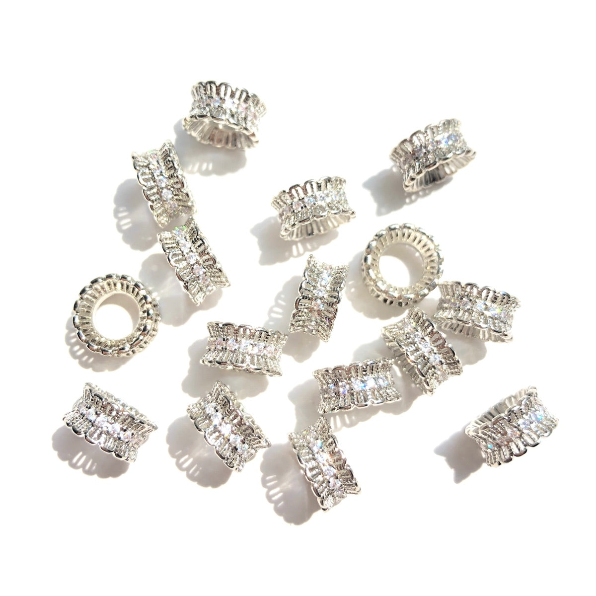 20-50pcs/lot 9.5*5mm CZ Paved Big Hole Hour Glass Wheel Spacers Silver CZ Paved Spacers New Spacers Arrivals Rondelle Beads Wholesale Charms Beads Beyond