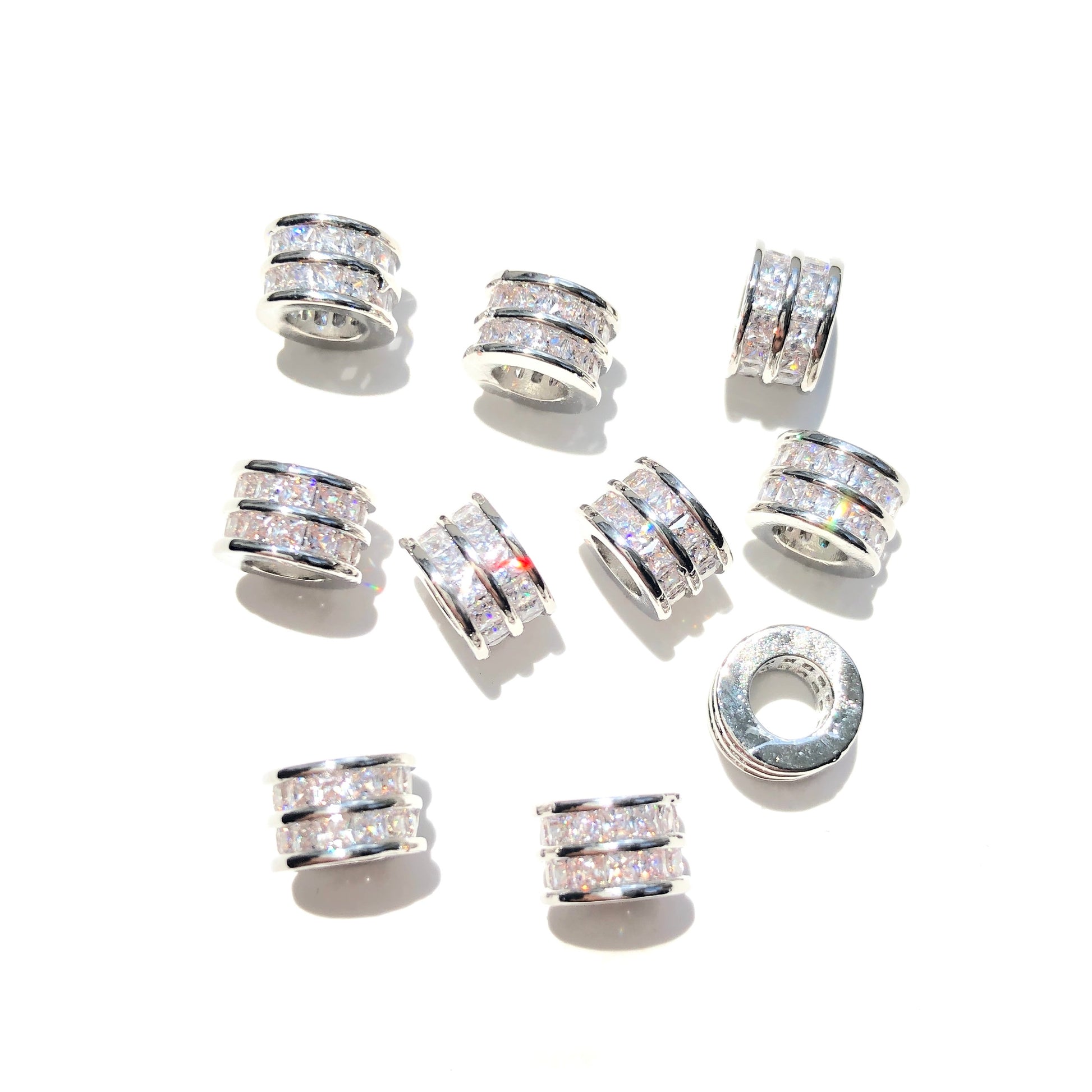 10-20-50pcs/lot 8*5mm Square CZ Paved Tube Rondelle Wheel Spacers Silver CZ Paved Spacers Big Hole Beads New Spacers Arrivals Rondelle Beads Wholesale Charms Beads Beyond