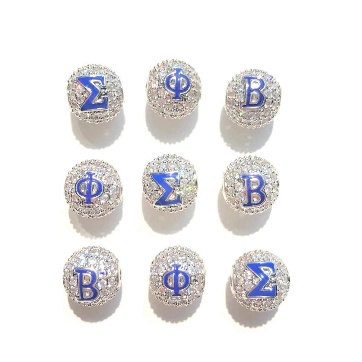 12pcs/lot 10mm Blue Enamel CZ Paved Greek Letters "Σ", "Φ", "Β" Ball Spacers Beads Mix Letters CZ Paved Spacers 10mm Beads Ball Beads Greek Letters New Spacers Arrivals Charms Beads Beyond