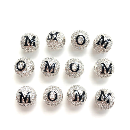 12pcs/lot 10mm CZ Paved M, O Letter Ball Spacers MOM Beads for Mother's Day Silver-4 Sets MOM CZ Paved Spacers 10mm Beads Ball Beads Mother's Day Mother's Day Beads New Spacers Arrivals Charms Beads Beyond